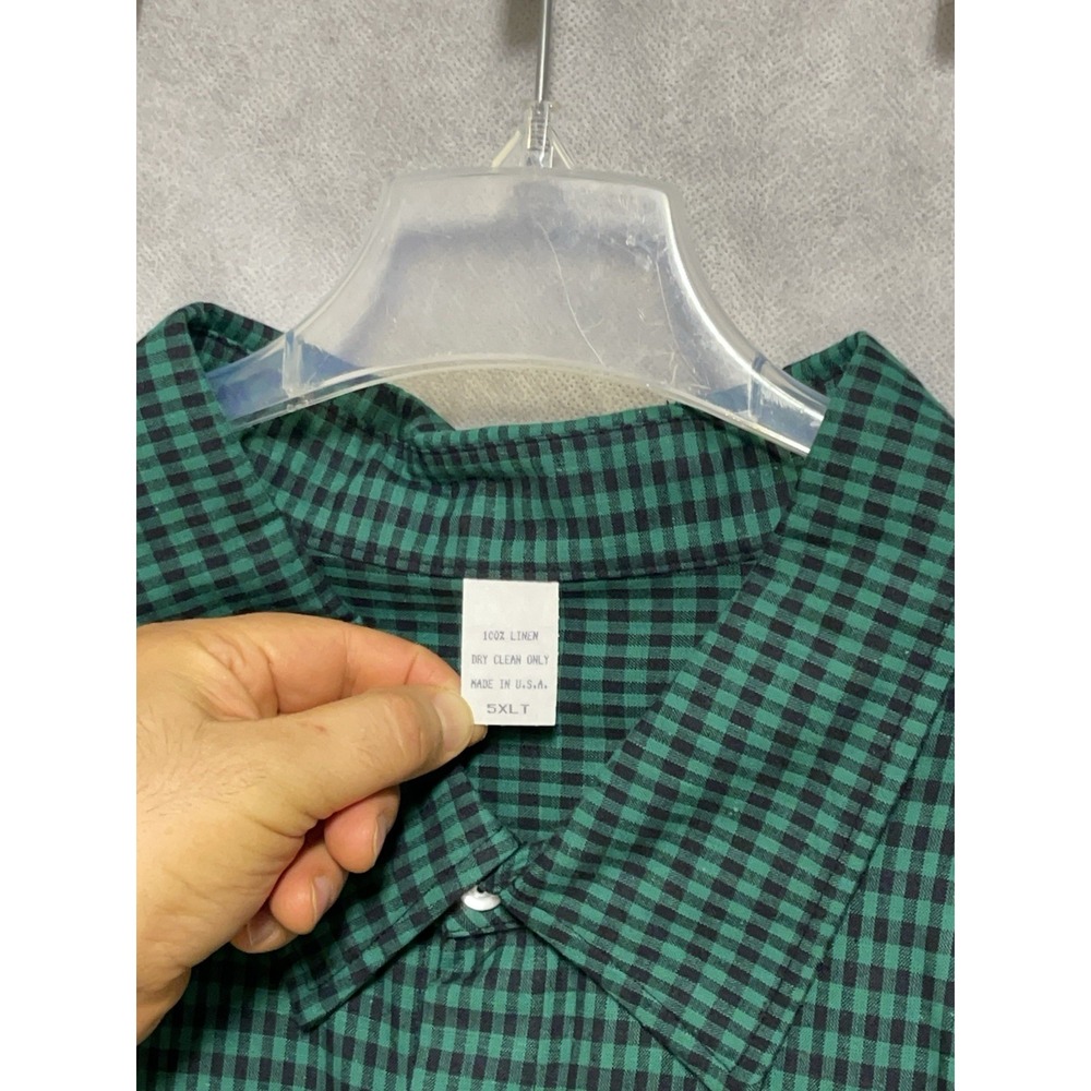 Men's Shirt 5XLT‎ 5XL Tall Green Gingham Check Linen Button Up Academia Vacation - Picture 8 of 8
